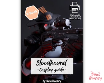 Może przedstawiać: Okładka e-booka przedstawiająca cyfrową ilustrację Bloodhounda, postaci z gry Apex Legends, ubranego w czarny i czerwony kostium i trzymającego karabin. Tekst "Bloodhound - Cosplay guide -" jest napisany na czerwono na białym tle. Tekst "By Trinestreasury" jest napisany na czarno na białym tle. Tekst "14 drukowanych wzorów 1:1 w zestawie (A4 i US Letter)" jest napisany na czarno na białym tle.
