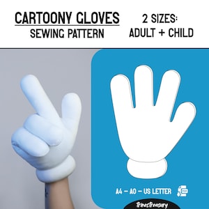 Op de afbeelding: Een witte cartoonhandschoen met een omhooggestoken wijs- en middelvinger, onderdeel van een naaipatroon. De tekst op de afbeelding luidt "CARTOONY GLOVES SEWING PATTERN" en "2 SIZES: ADULT + CHILD". Er is ook een blauwe vierkant met een witte handschoenomtrek.