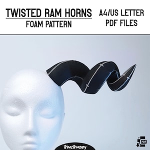 May include: A foam pattern for making twisted ram horns. The pattern is printed on black paper with white lines. The pattern is shown on a white mannequin head.