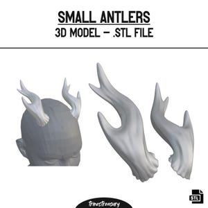 May include: A 3D model STL file for small antlers. The image shows three different views of the antlers, including a close-up of the antlers on a head.
