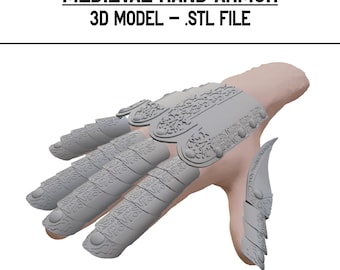 May include: A 3D model of a medieval hand armor, designed for 3D printing. The model is in STL file format. The armor is detailed with intricate patterns and rivets.