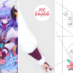 May include: A PDF template for a cosplay costume featuring a white sleeve with a purple cuff and a white fur trim, and a glove with a white fur trim. The template is labeled "Trines Treasury" and includes instructions for cutting out two sleeves and two gloves.