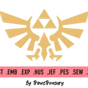 May include: Gold embroidered design of the Triforce symbol from the Legend of Zelda video game series. The Triforce is a triangular symbol with three smaller triangles inside. The design is surrounded by a stylized wing shape.