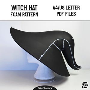 Könnte beinhalten: Ein schwarzes Schaumstoff-Hexenhut-Muster mit weißen Nählines für das Basteln. Das Muster ist als digitaler Download im A4/US Letter PDF-Format verfügbar.  Hexenhut-Schaumstoffmuster, A4/US Letter PDF-Dateien.
