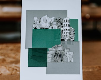 May include: A black and white line drawing of several modern buildings, including the Guggenheim Museum in Bilbao, Spain. The drawing is on a white background with a gray and green color overlay.