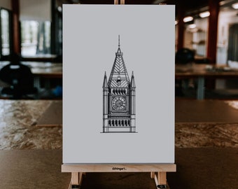 May include: A black and white line drawing of a clock tower on a light gray background. The clock tower has a detailed architectural design, including a clock face and spire. The artwork is displayed on a wooden easel.
