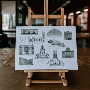Liverpool Art Print, A3, Architecture of Liverpool, Liverpool Landmarks, A3 Liverpool Art Print, Black and White, Hand Drawn, Architectural