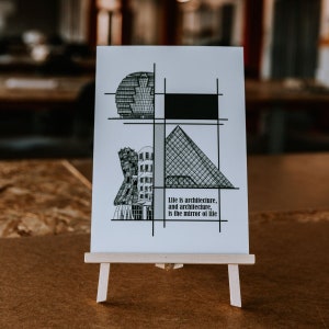 May include: Black and white illustration of buildings and geometric shapes with the quote "Life is architecture, and architecture is the mirror of life".
