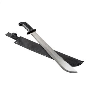 May include: A black machete with a serrated blade and a black sheath. The machete is approximately 61 cm long.