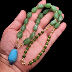 Vintage Jade Bead Necklace with Turquoise Stone Pendant
