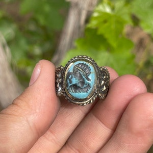 Ancient Bronze Ring: Turquoise Stone Roman King Engraving