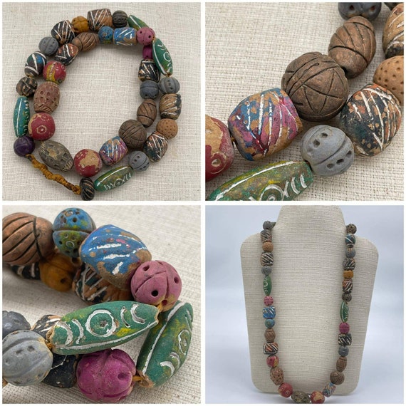 Beautiful Ancient Old African 34 Painted Wood Beads Rare Unique