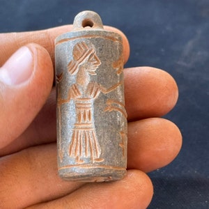 Ancient Near Eastern Stone Cylinder Seal Amulet: Roman King & Animal Engravings