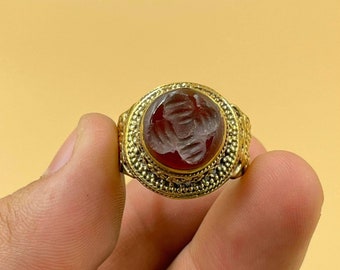 希少な古代カーネリアンインタリオリング - ブロンズセッティングの