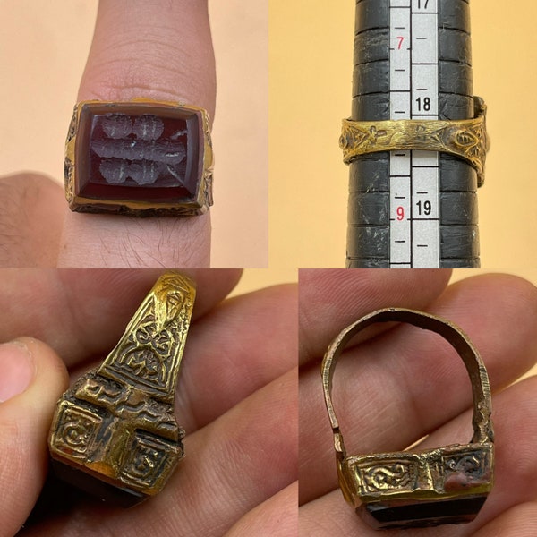 Beautiful Ancient Old Carnelian Agate Stone Roman Intaglio Seal Bronze Unique Rare Ring