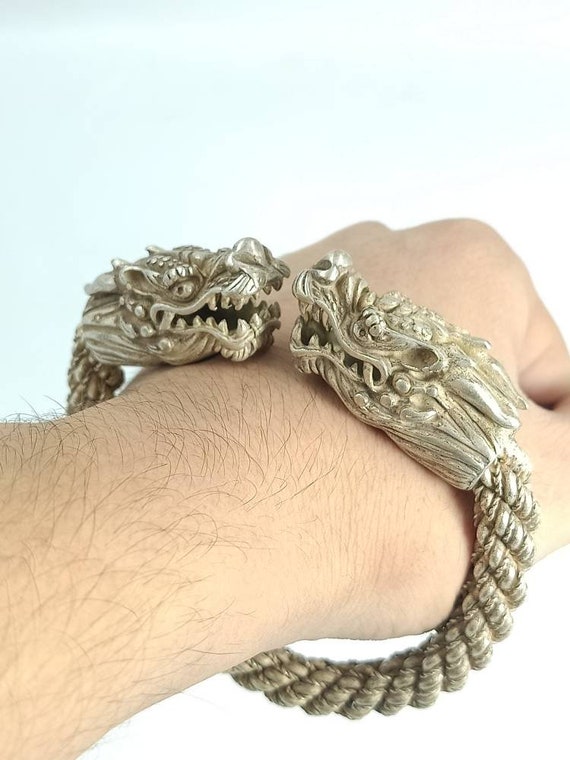 Beautiful Ancient Viking Style Silver Plated Bracelet With Unique Dragon  Heads 