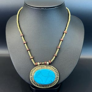 Vintage Turquoise Pendant Necklace: Afghan Tribal Brass Beads