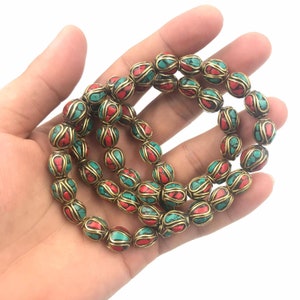 SALE 50 BEADS Tibetan Nepali Handmade Turquoise and coral stone and brass small beads for Jewelry making