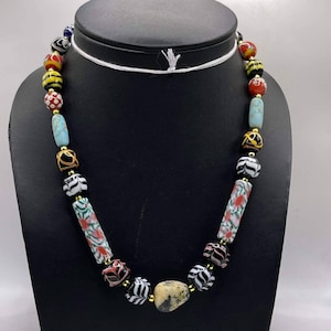 Antique Mosaic Glass Bead Necklace with Turquoise Stone