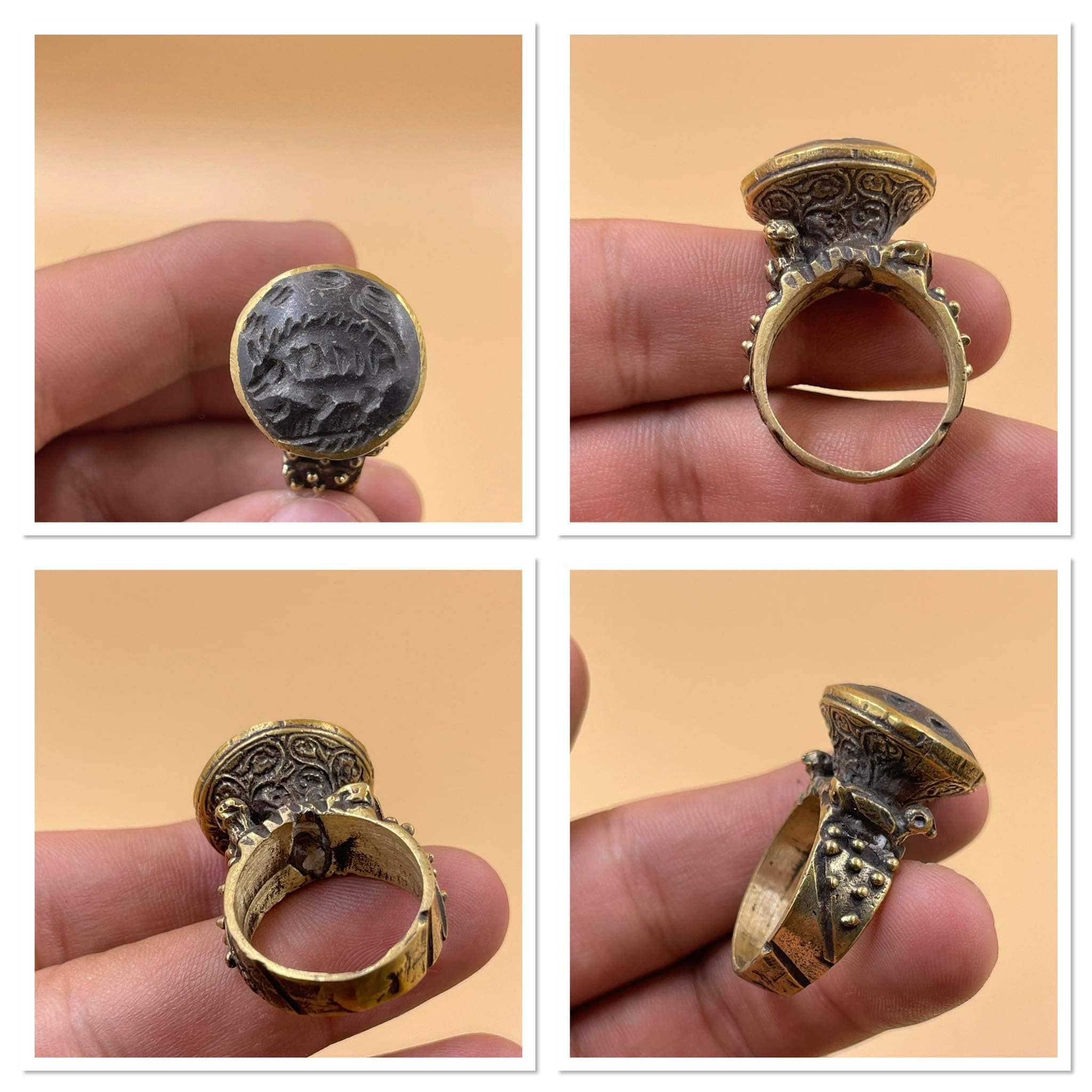 Excellent Ancient Near Eastern Old Black Agate Stone Beautiful Animal Intaglio Rare Brass Seal Unique Ring