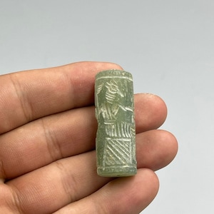 Super Near Eastern Ancient Jade Stone Beautifully Carved Rare Cylinder Seal Bead With Impression, Authentic Cylinder Bead