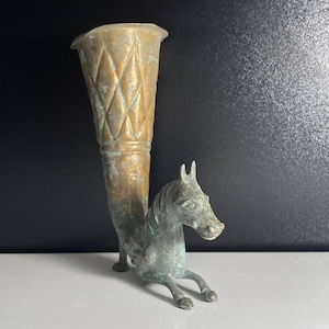 Wonderful Ancient Near Eastern Old Roman Bronze Rhyton Horse Drinking Rare Beautiful Vessel