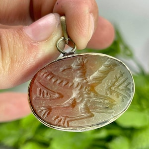 Ancient Agate Bird Intaglio Pendant: Near Eastern Brass Amulet