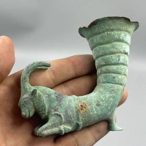 Rare Ancient Bronze Rhyton Vessel In The Form Of A Goat Animal , Ancient Bronze Vessel, Collectable Bronze Rhyton