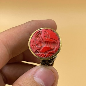 Lovely Ancient Near Eastern Old Red Turquoise Stone Horse Animal Intaglio Rare Brass Seal Unique Ring