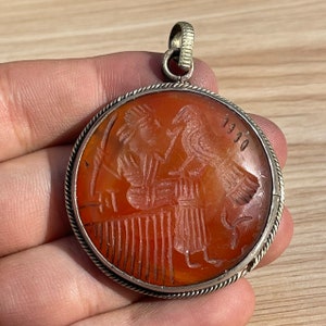 Ancient Agate Stone Pendant: Engraved Brass, Rare Wearable Art