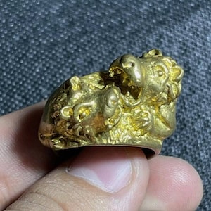 Vintage Antique Ancient Old Gold Gilded Bronze Rare Ring With 2 Tiger Head
