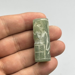 Near Eastern Ancient Jade Stone Beautifully Carved Rare Cylinder Seal Bead With Impression, Authentic Cylinder Bead