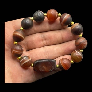 Ancient Old Himalayan Indo Tibetan Agate Stone Beads Rare Bracelet, Yellow Brass Beads Bracelet, Genuine Bead Bracelet