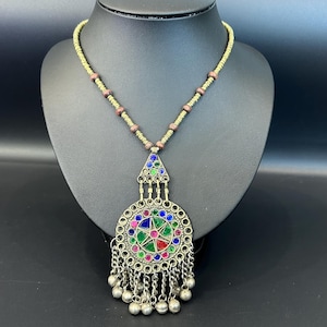 Vintage Afghan Brass Necklace: Ethnic Tribal Jewelry with Multi-Color Glass
