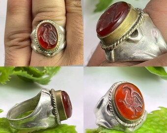 Ancient Old Carnelian Agate Stone Bird Intaglio Solid Silver Unique Wonderful Rare Ring, Silver Ring, Gift Ring, Ancient Ring