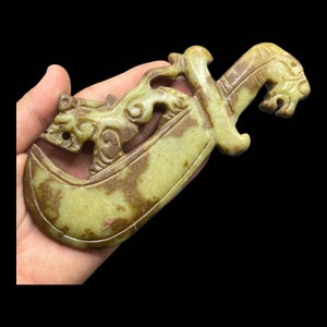 Near Eastern Ancient Old Rare Jade Stone Dragon Craved Big Knife Motif