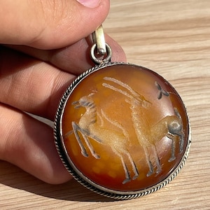 Ancient Agate Stone Pendant: Near Eastern Animals Engravings, Brass Wearable Art