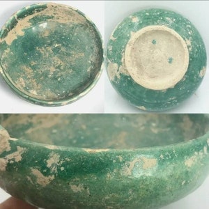 Rare Authentic Ancient Islamic Turquoise Glazed Ceramic  Bowl C.13th-14th AD