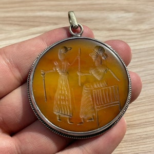 Ancient Agate Stone Pendant: Near Eastern Engravings, Brass Setting