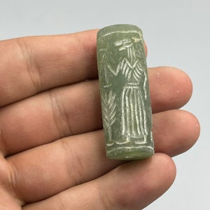 Unique Near Eastern Ancient Jade Stone Beautifully Carved Rare Cylinder Seal Bead With Impression, Authentic Cylinder Bead