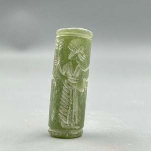 Unique Ancient Near Eastern Old Jade Stone Beautifully Carved Rare Cylinder Seal Bead With Impression, Authentic Cylinder Bead