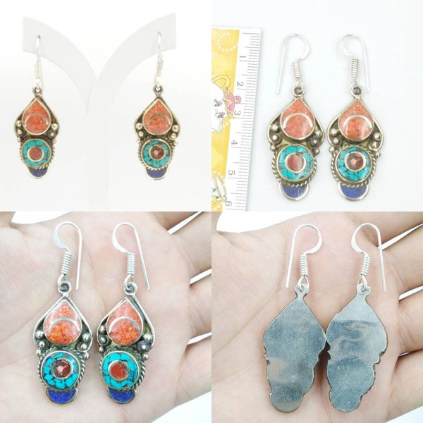 Bohemian Gypsy Vintage Tibetan Silver Yoga Coral, Turquoise, and Lapis Lazuli Dangling Hook Earrings #28