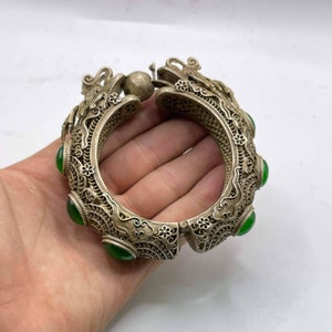 Authentic Ancient Old Massive Silver Tibetan Old Unique Bangle Bracelet With Natural Green Jade Stone