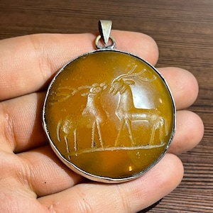 Agate Intaglio Pendant: Roman Brass, Two Deer Engraved