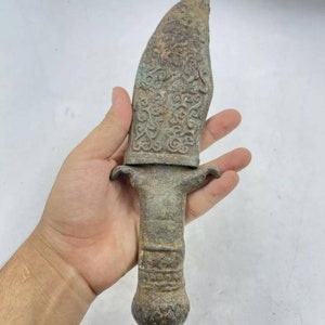 Bellissima spada corta da soldato in bronzo antica, 100-300 d.C., unica nel suo genere, con custodia rara, 26 cm
