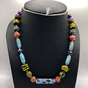 Antique Mosaic Glass Bead Necklace with Turquoise Stone