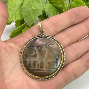 Antique Near Eastern Agate Stone Pendant: Animal Engravings, Brass Setting