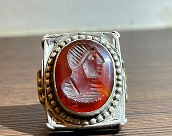 Antiker römischer Karneol Intaglio Ring: Massiv Silber Königsgesicht Siegel
