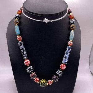 Antique Mosaic Glass Bead Necklace with Turquoise Stone