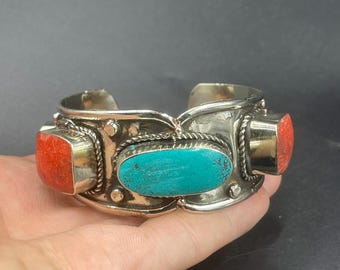 Exceptional Vintage Navajo Cuff Bracelet With Turquoise and Coral Inlay ...